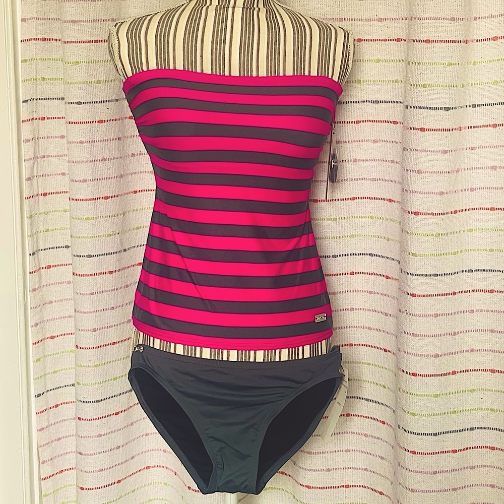 Donna Karan / DKNY Swim exclusive line grey pink stripe size tankini set